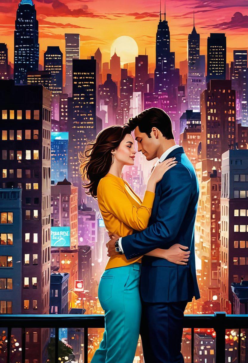 A collage of iconic love scenes from blockbuster films and indie movies, featuring diverse couples embracing in emotional moments. The background should blend elements of a vibrant city skyline and a quiet, intimate setting, symbolizing the spectrum of love stories. Incorporate film reels and hearts subtly intertwined throughout the design to represent the cinematic journey. Colorful and warm tones to evoke feelings of love and nostalgia. digital painting. vibrant colors. soft focus.