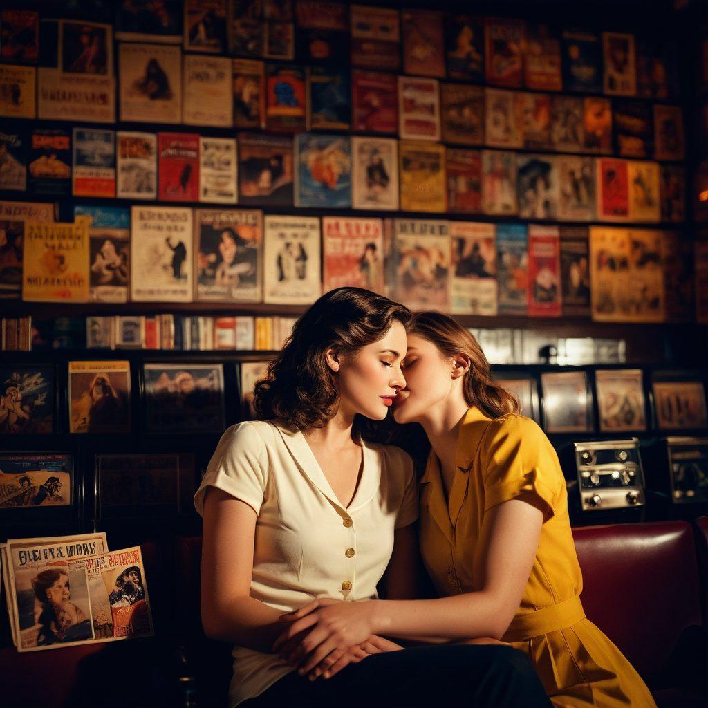 A cinematic scene depicting a couple sharing a tender moment in a cozy, dimly-lit vintage theater, surrounded by a cascade of film reels and romantic movie posters. Soft, warm lighting envelops them, reflecting the emotions of love and passion. In the background, shadows hint at iconic romantic film scenes. super-realistic. vibrant colors. soft focus.
