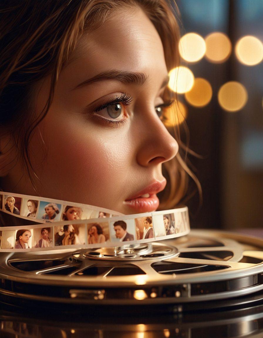 A dramatic montage showcasing a film reel unraveling with soft light illuminating tender moments from various films, including a close-up of a teary-eyed viewer immersed in the experience. Surrounding elements include hearts made of film strips and a hand reaching out to grasp the emotions. The background is filled with subtle hints of iconic film scenes fading into a dreamy atmosphere. cinematic style. vibrant colors. soft focus.